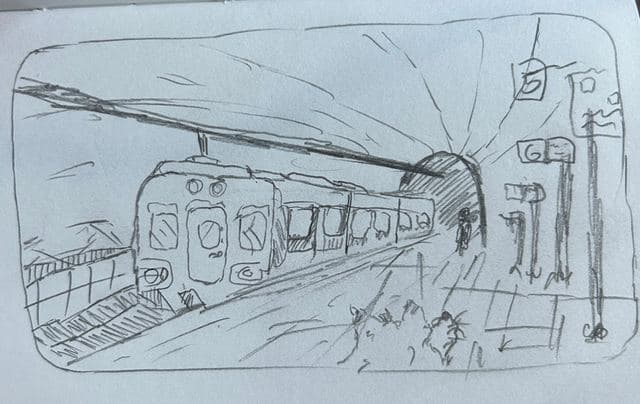 Train at the station, pencil sketch