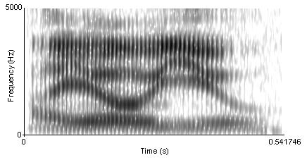 Spectrogram of the spoken phrase I owe you, showing continuous energy bands with no gaps between words